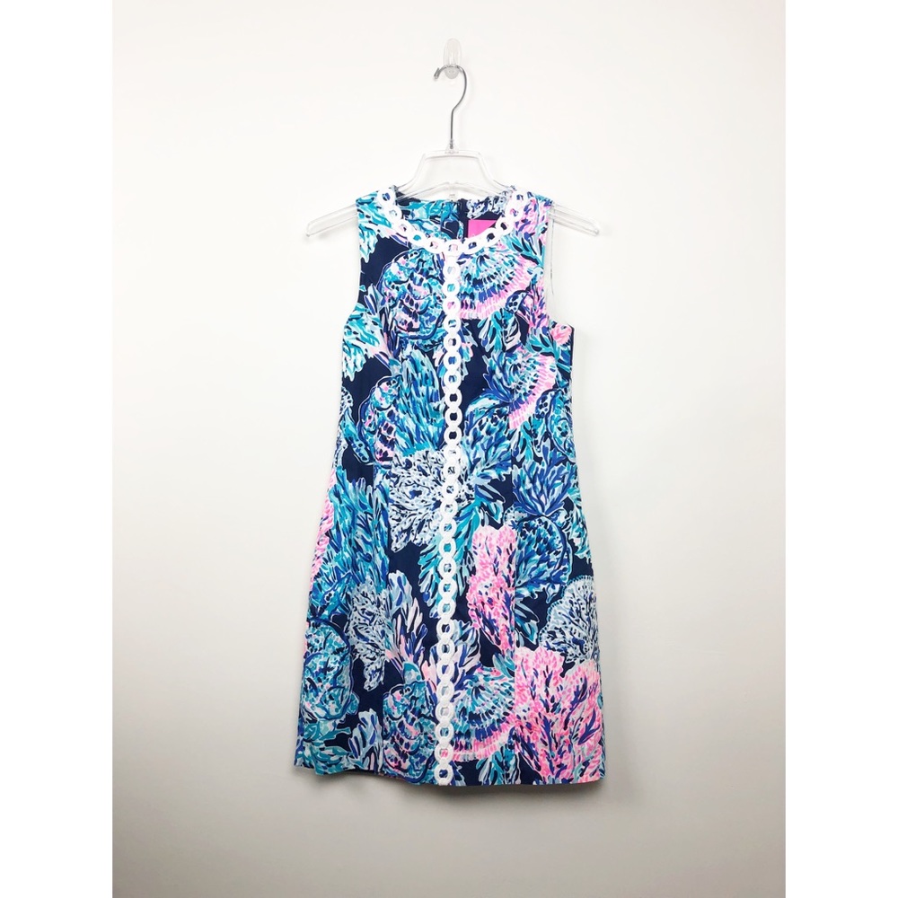 Lilly Pulitzer Floral Turquoise Blue,and Pink Dress with White Lace Trim - 0